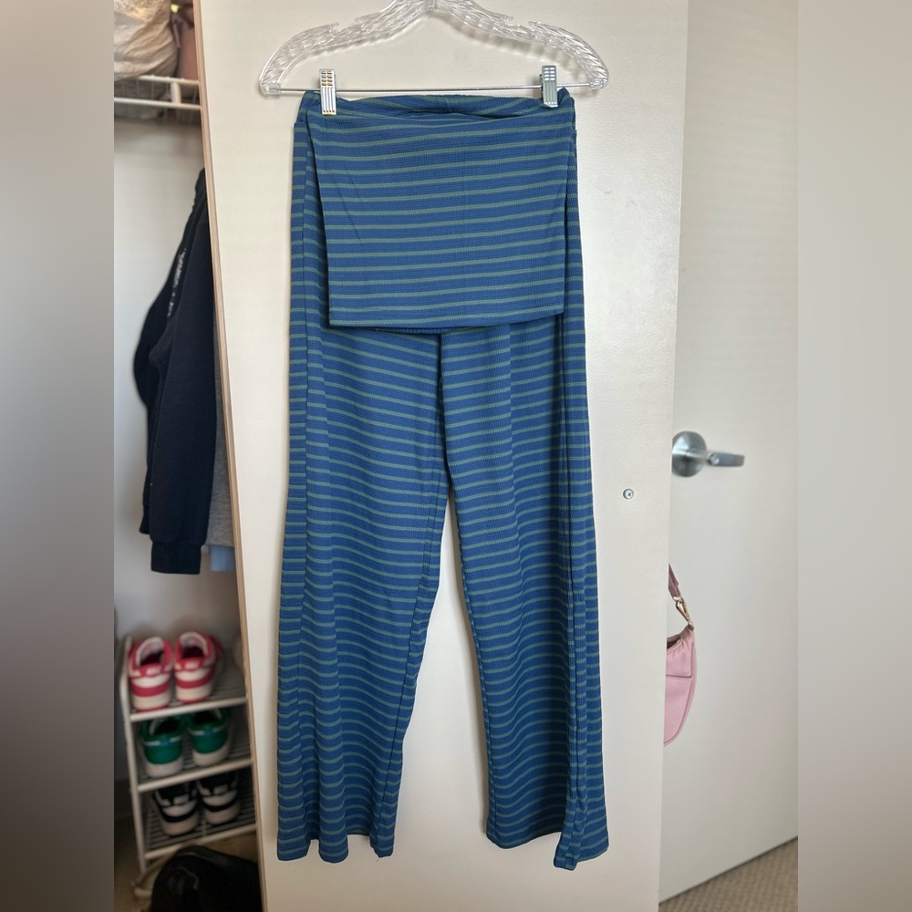 Striped Blue and Green Wide-Leg Pants + Tube Top Set